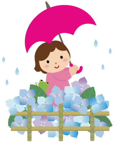 
紫陽花と傘を持つ女の子イラスト