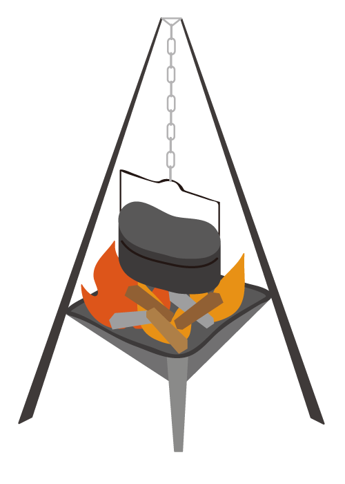 薪が燃える焚き火台と飯盒イラスト